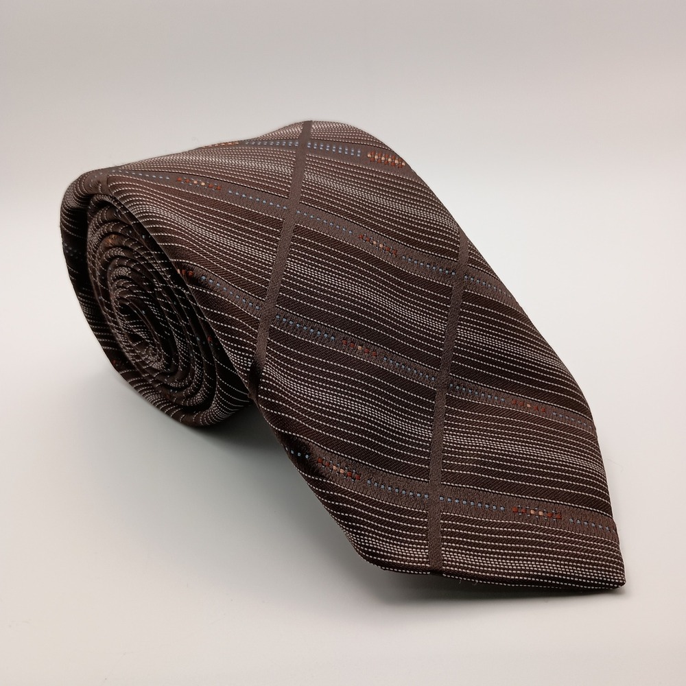 Vintage Sears Mens Brown Geometric Plaid Dotted Classic Necktie